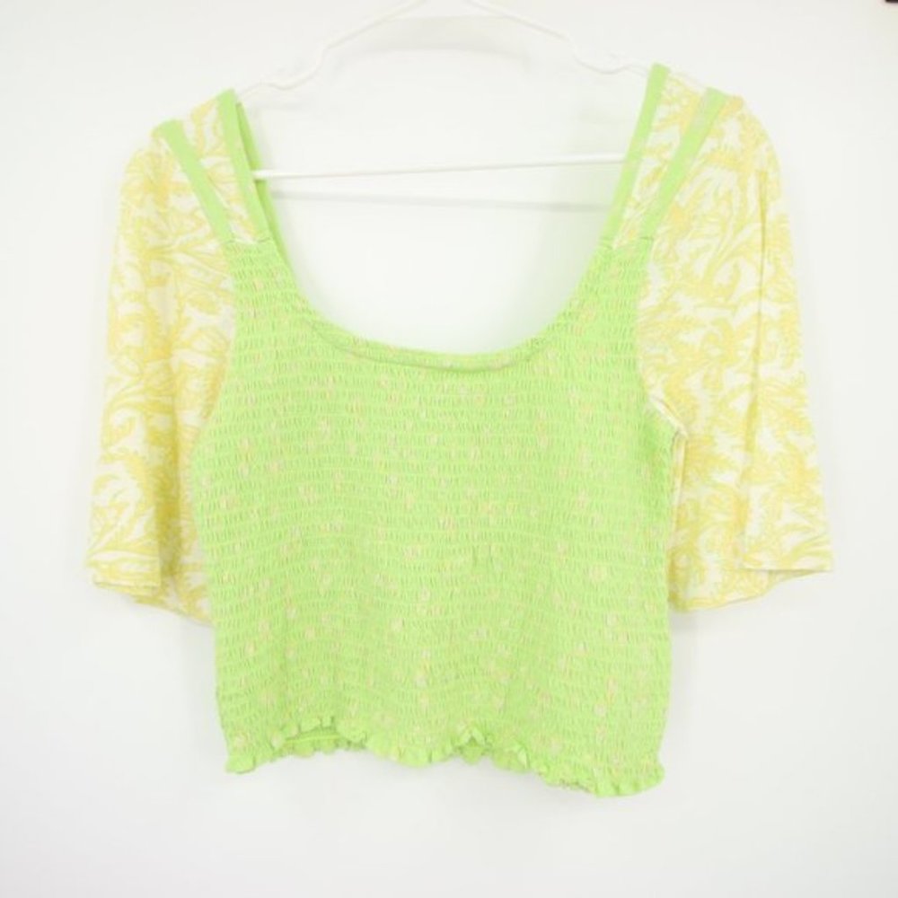 NWT Free People Marigold Lime Combo Square Neck Top Green Yellow Size M